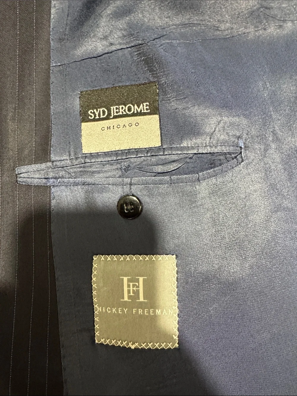 Hickey Freeman mens 52L many blue pinstripe double breast Lori Piana jacket EUC